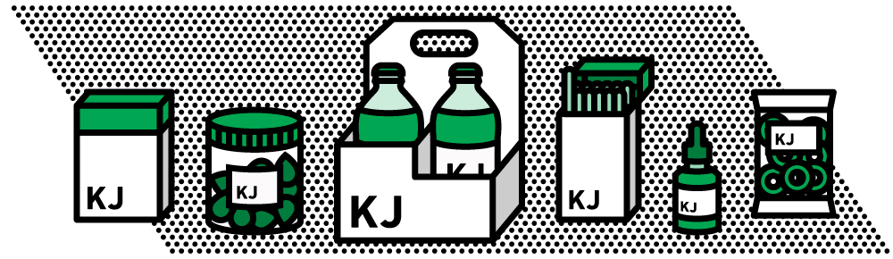 Illustration of an assortment of branded cannabis products and accessories.